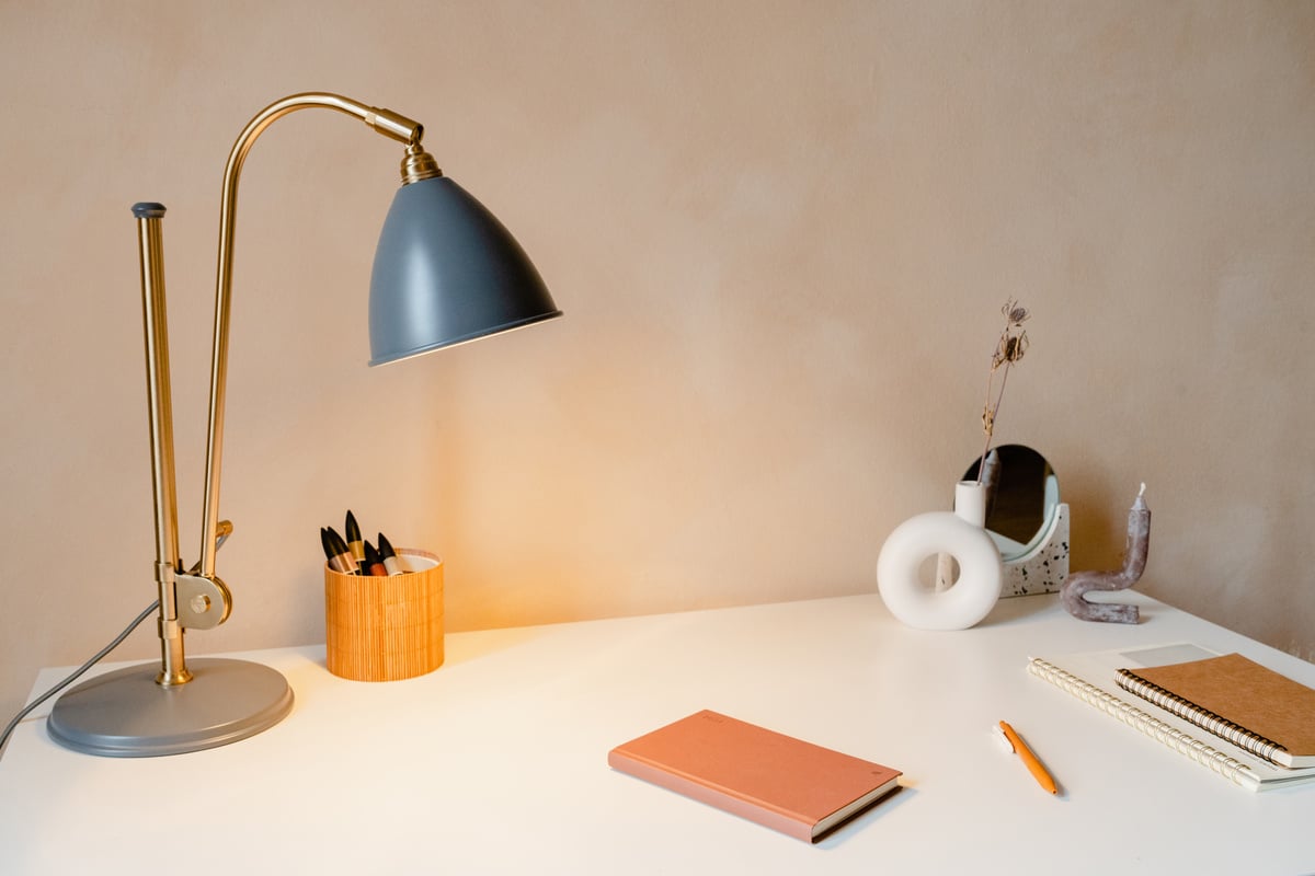 Scandinavian Styled White Study Desk with Lamp