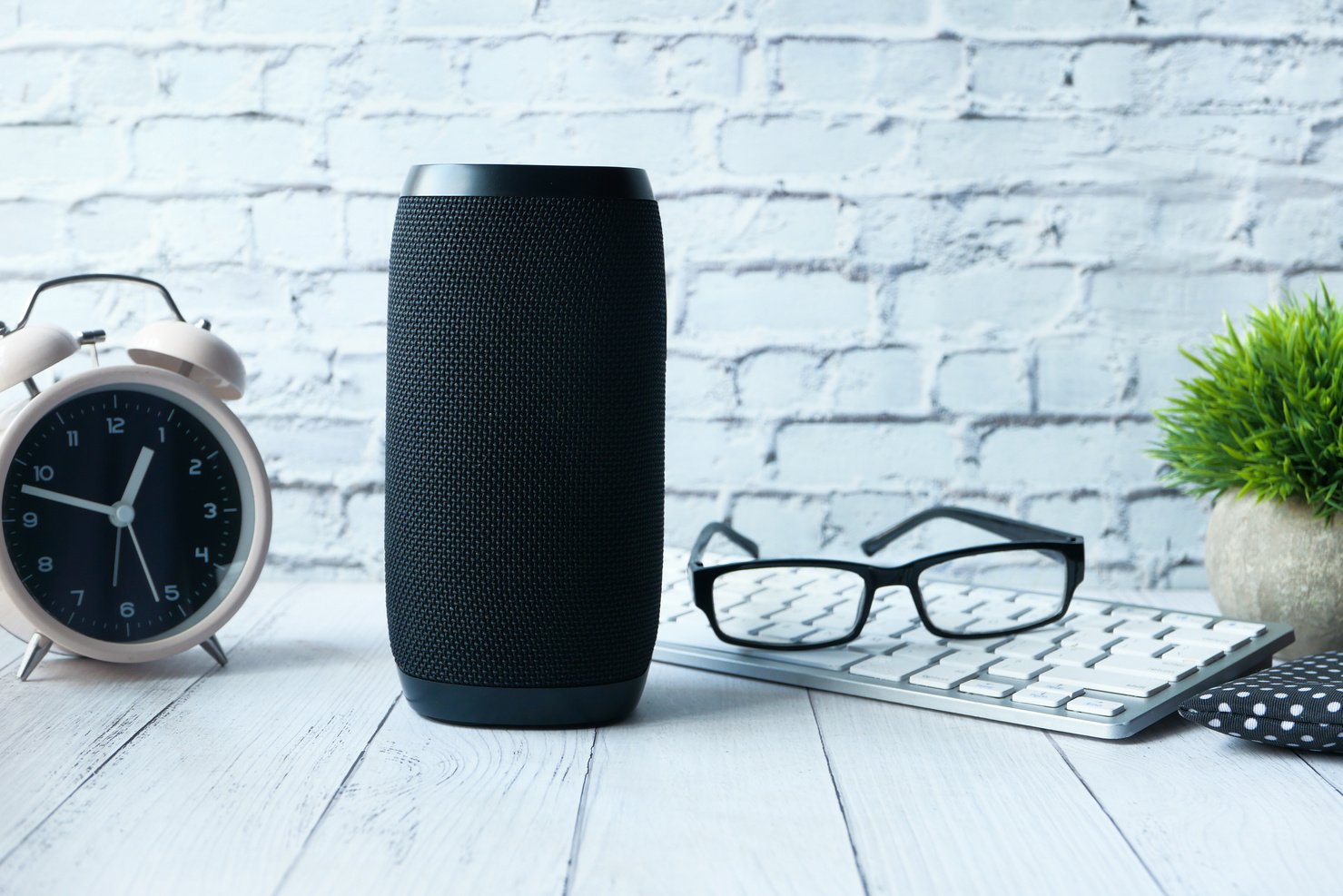 Smart Speaker and Keyboard with Copy Space on White Background